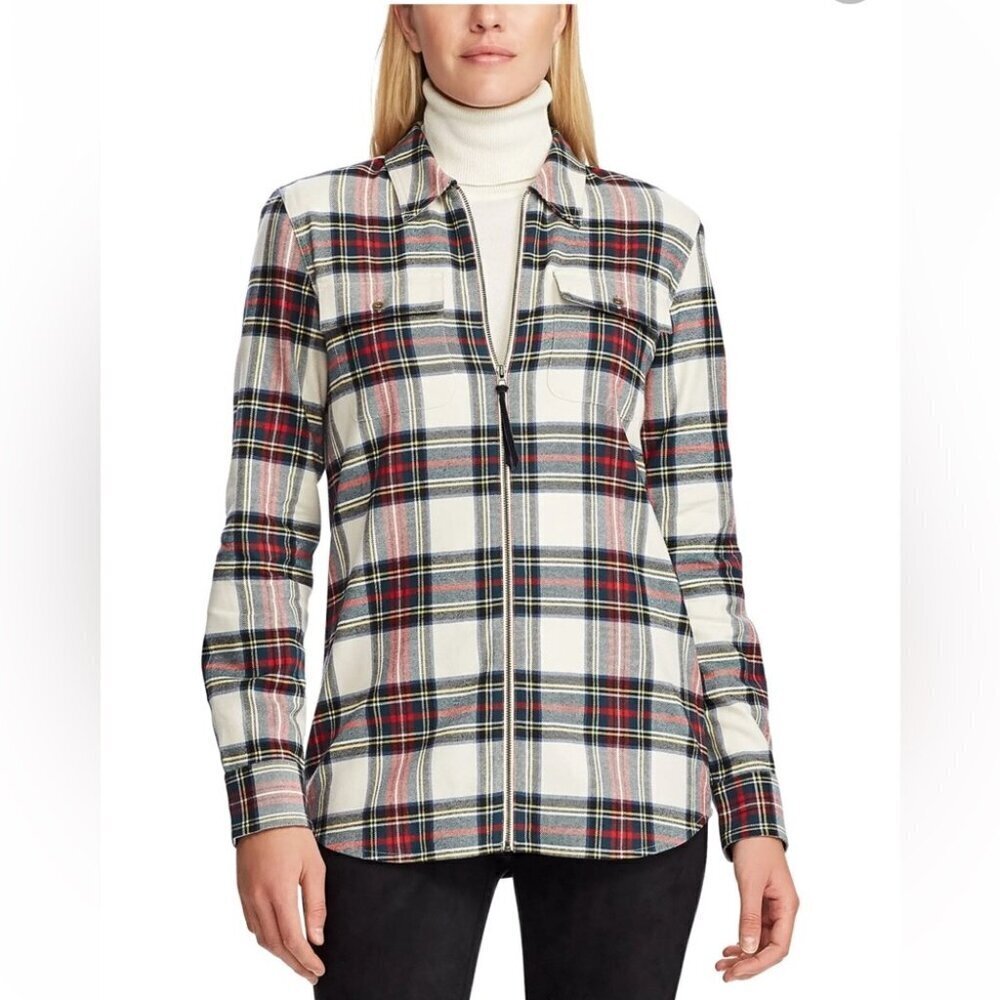 * Chaps Cream Tartan Plaid Zip Front Flannel Shirt Size Petite Medium